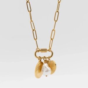 18KT Gold PVD Stainless Steel Pearl Sunburst Charm Holder Necklace NWT